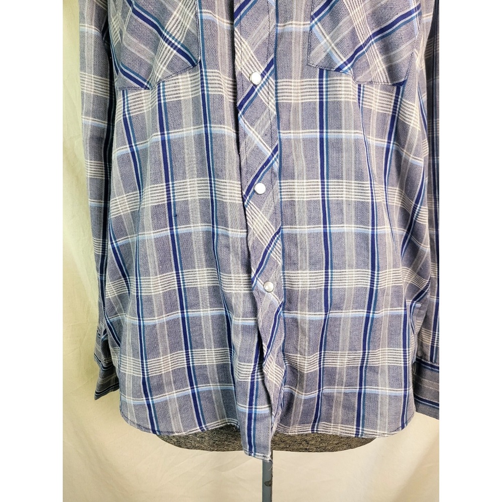 Vintage 70s Rancher Western Wear Mens Button Up Blue Plaid Pearl Snap Size L USA - Picture 4 of 13
